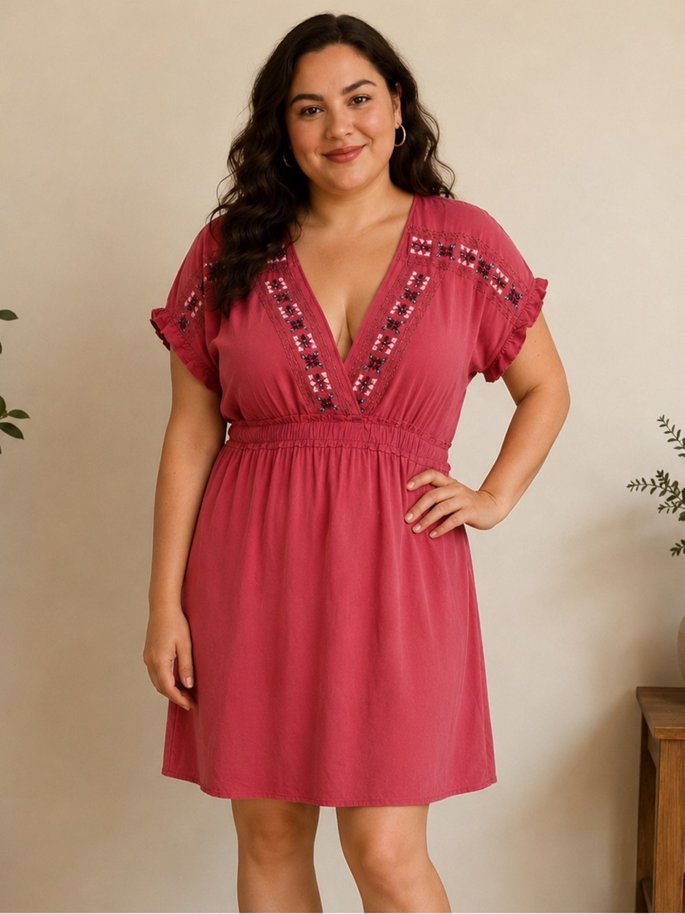 DAVI & DANI Embroidered Deep-V Mini Dress in Raspberry